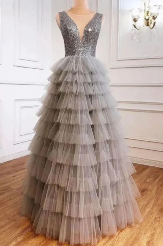 stylish party dressGray A-Line Tulle Layered Sequins Long Prom Dress Evening Gown,DP1417