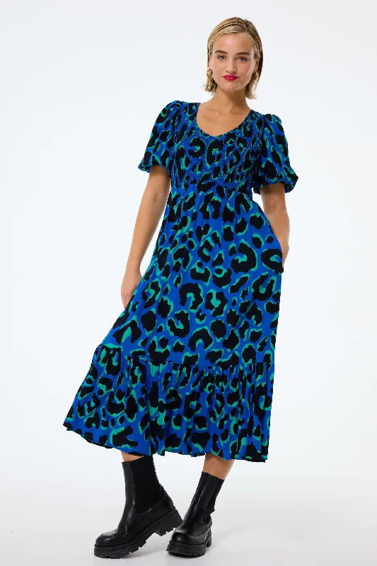 silk dressBlue with Green and Black Mega Leopard Shirred Puff Sleeve Midi Dress