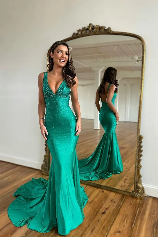 office dressGreen V Neck Backless Beads Mermaid Long Prom Dress,DP1365