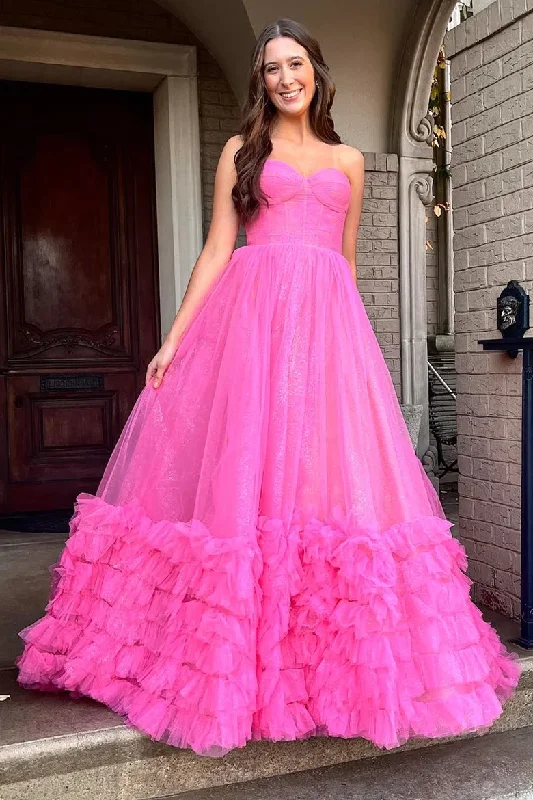 textured dressHot Pink Sweetheart A-Line Tulle Tiered Long Prom Dress Evening Gown,DP1267