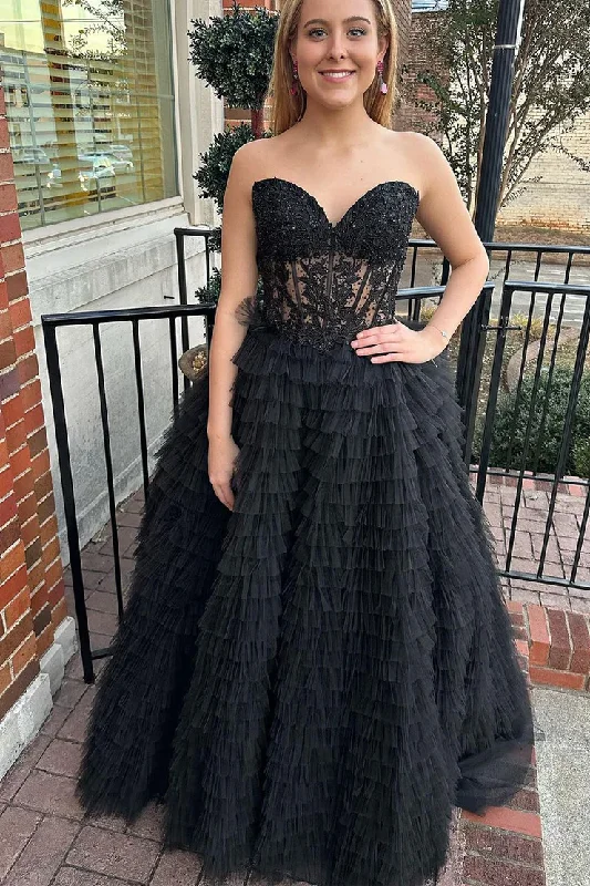 sleek dressBlack Sweetheart A-Line Tulle Tiered Ball Gown Long Prom Dress with Appliques,DP1391