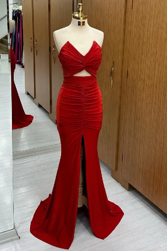 stylish party dressRed Strapless Twisted Knot Mermaid Long Formal Dress with Slit,DP1288