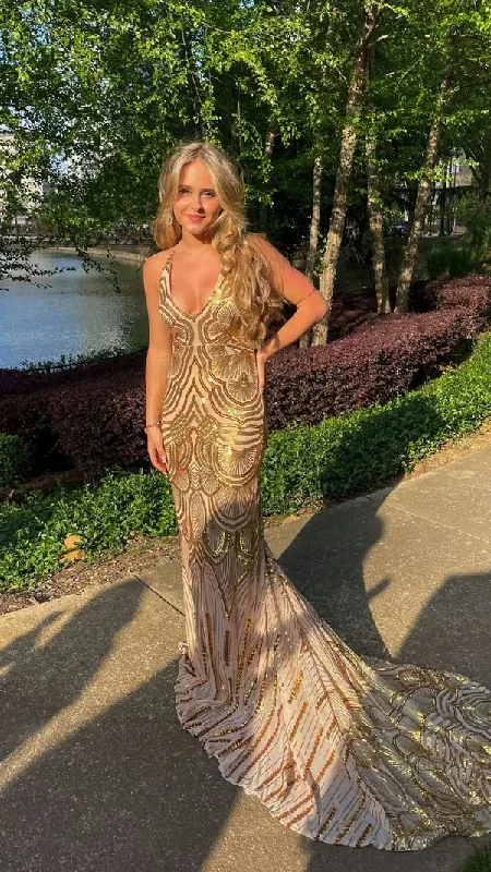 chic wrap dressGorgeous Gold V Neck Sequin Mermaid Long Prom Dress,DP1447