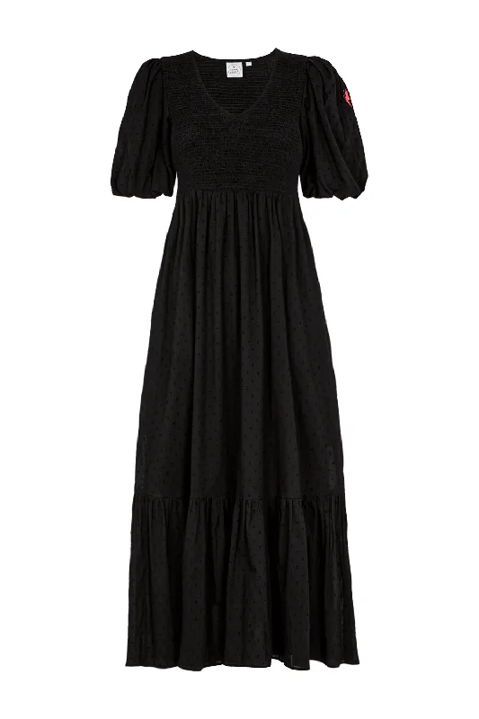 casual shift dressBlack Dobby Shirred Puff Sleeve Midi Dress