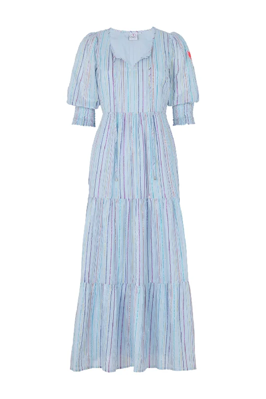 trendy wrap dressPale Blue with Rainbow Lurex Tie Front Maxi Dress