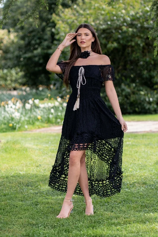 ashionable dressBlack Boho Lace Bardot Dress