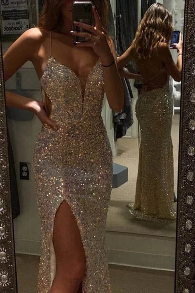 tiered dressSparkly Spaghetti Straps Sequins Mermaid Prom Dress Slit Long Formal Gown,DP1543