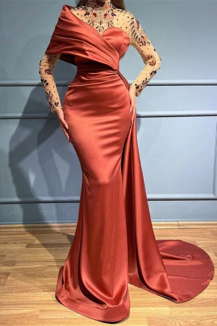 wool dressElegant Russet Long Sleeves Satin Prom Dress with Ruffles,DP1108