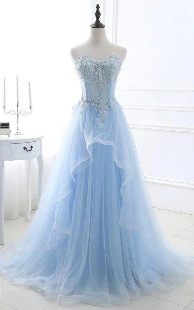 trendy wrap dressBlue Sweetheart A-Line Lace Tulle Long Prom Dress with Beading,DP1407