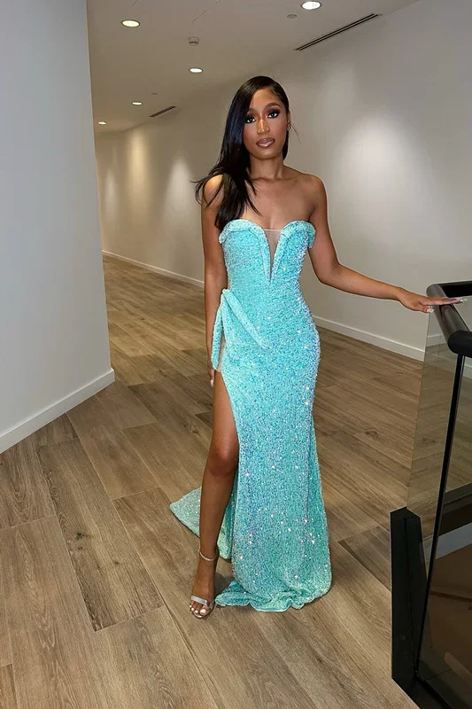 chic wrap dressBaby Blue Sequins V Neck Strapless Long Evening Dress with Slit,DP1583