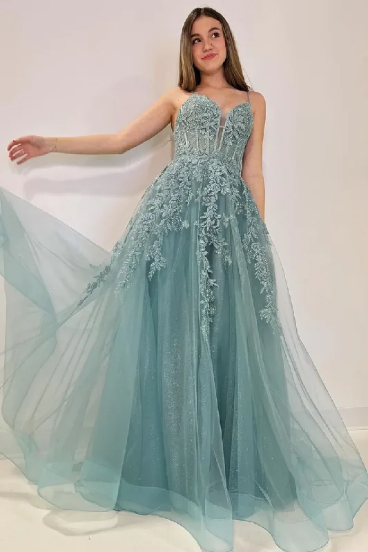 boho dressSpaghetti Straps A-Line Tulle Appliques Long Prom Dress,DP1394