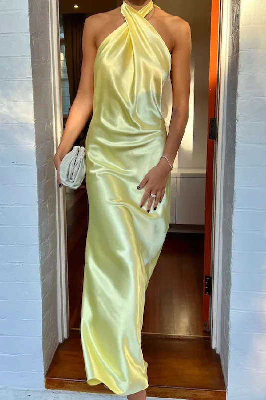 casual midi dressYellow Halter Backless Long Prom Dress Wedding Guest Dress,DP1502