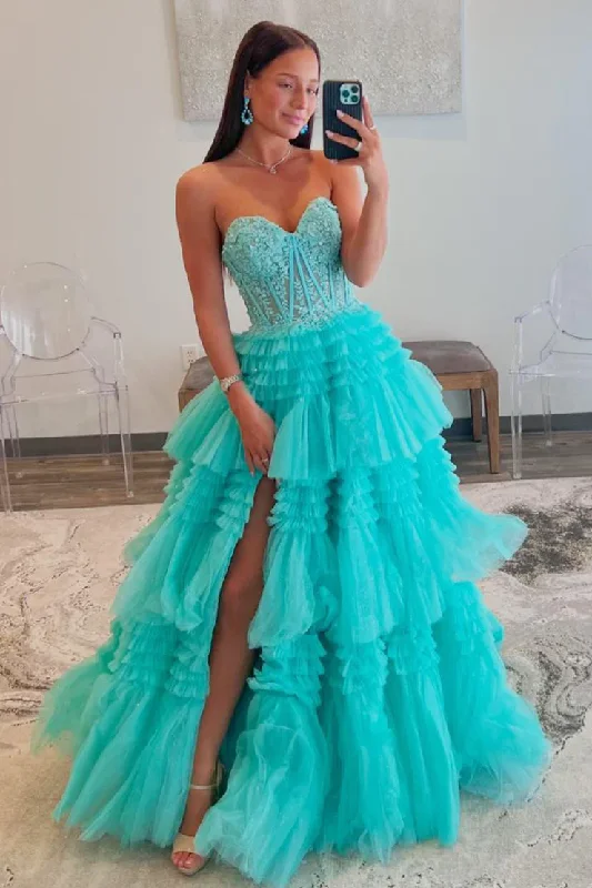 bohemian dressMint Green A-Line Sweetheart Tulle Tiered Long Prom Dress with Appliques,DP1374