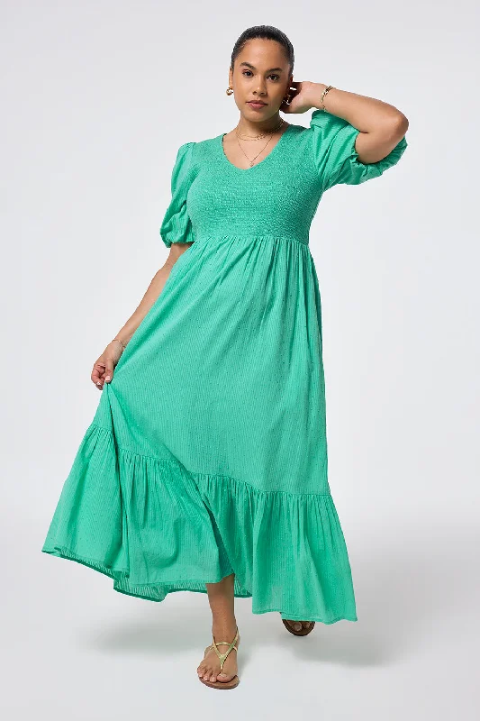 casual evening dressMint Green Dobby Self Stripe Shirred Puff Sleeve Maxi Dress