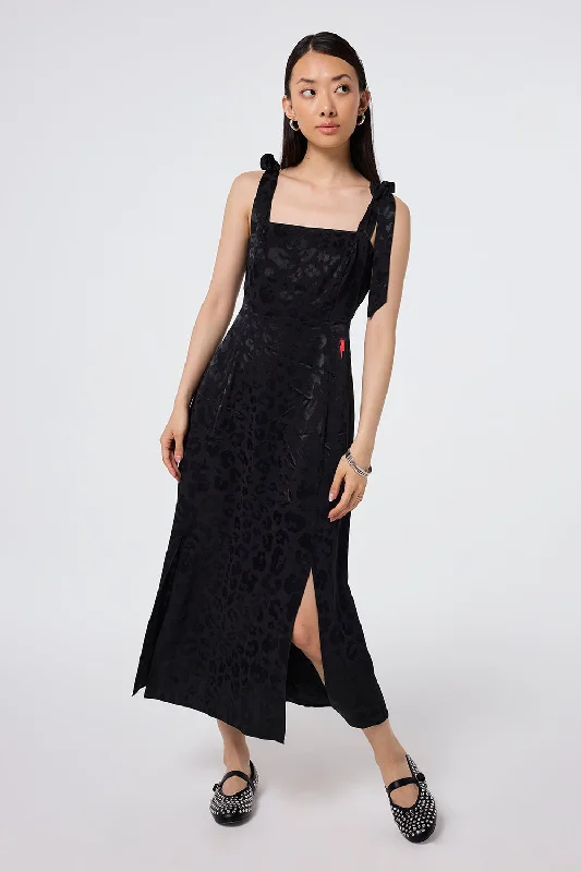 sleek midi dressBlack Jacquard Leopard Tie Shoulder Dress