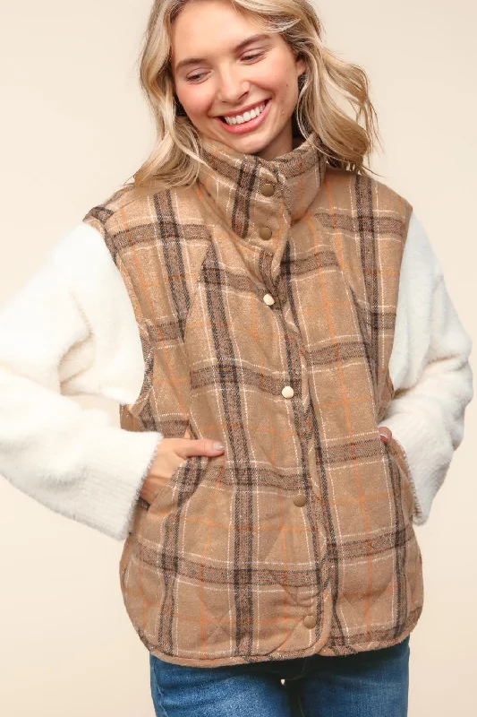 stylish raincoatHIGH NECK SNAP BUTTON DOWN PLAID QUILTED VEST