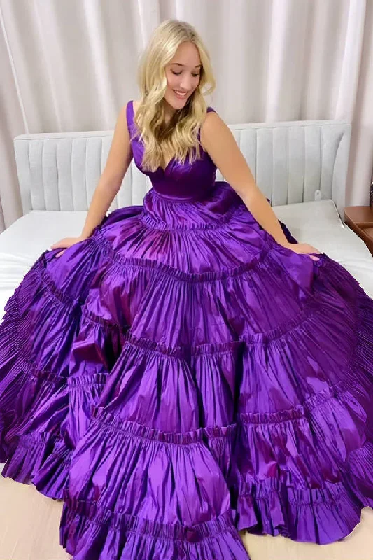 high-waisted dressPurple V-Neck Ruffles A-Line Two Piece Long Prom Dress,DP1548