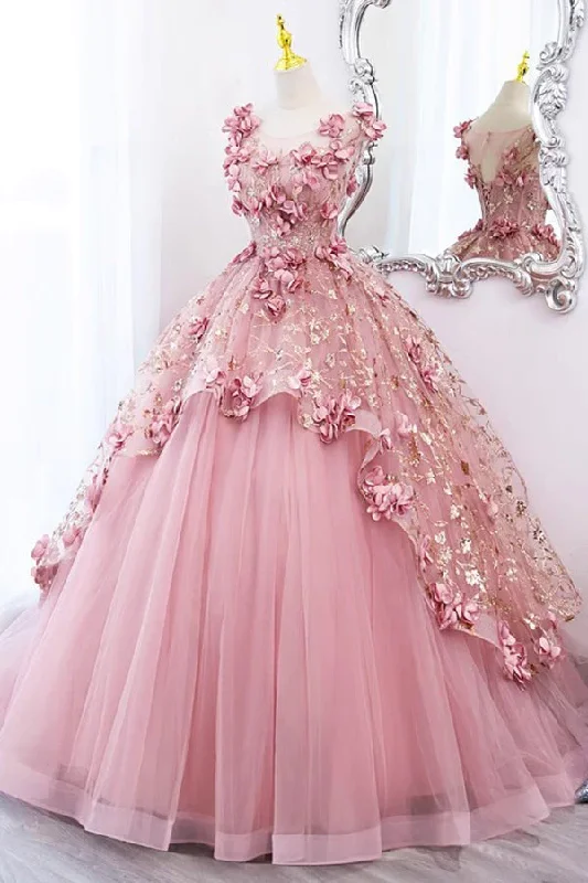 silk dressPink A-Line Floral Tulle Lace Long Prom Dress Sweet Ball Gown,DP1072