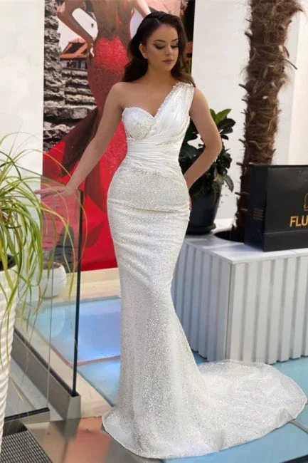 layered dressGlitter White One Shoulder Mermaid Long Formal Prom Dress Evening Dress,DP1106