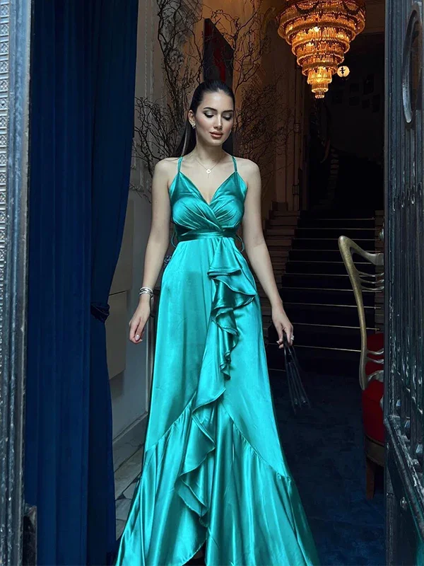 ashionable dressElegant Green Spaghetti Straps V-neck A-line Long Prom Dresses,DP1142