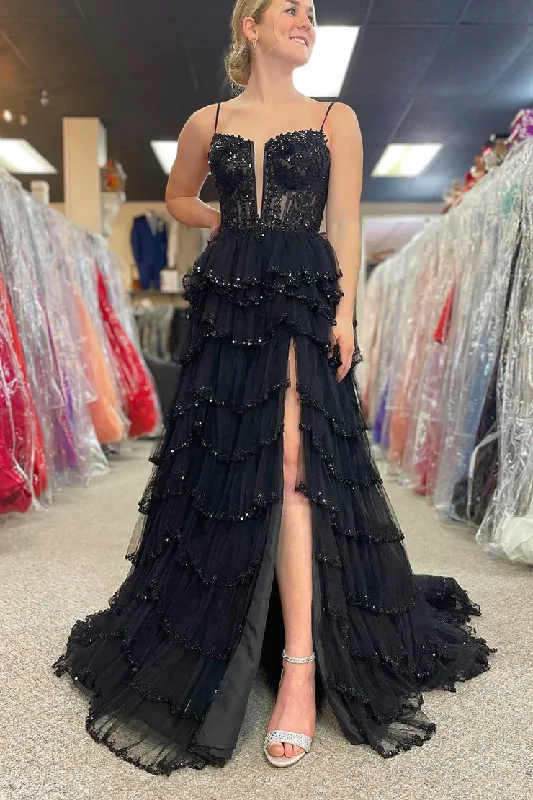 cocktail dressBlack A-Line V Neck Tulle Tiered Long Prom Dress with Beading,DP1384