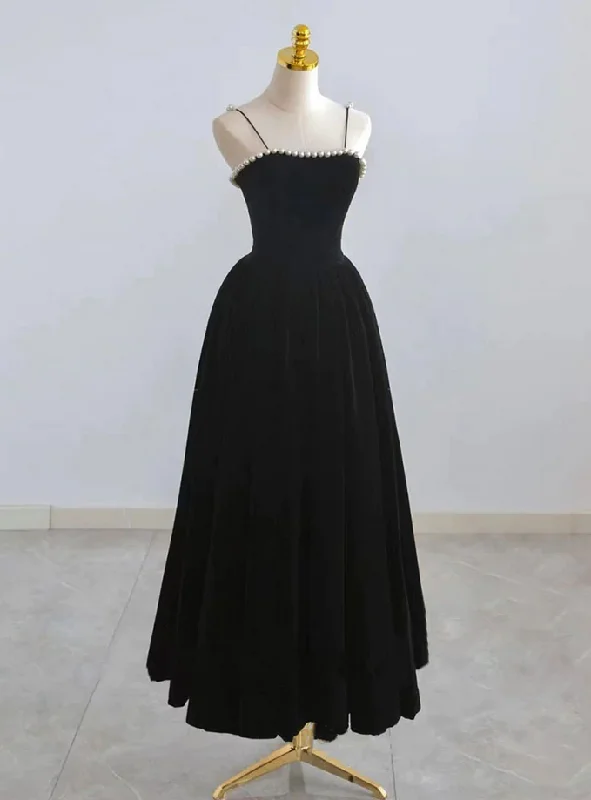 statement dressBlack Velvet Tea Length Formal Prom Dress with Pearl,DP1070