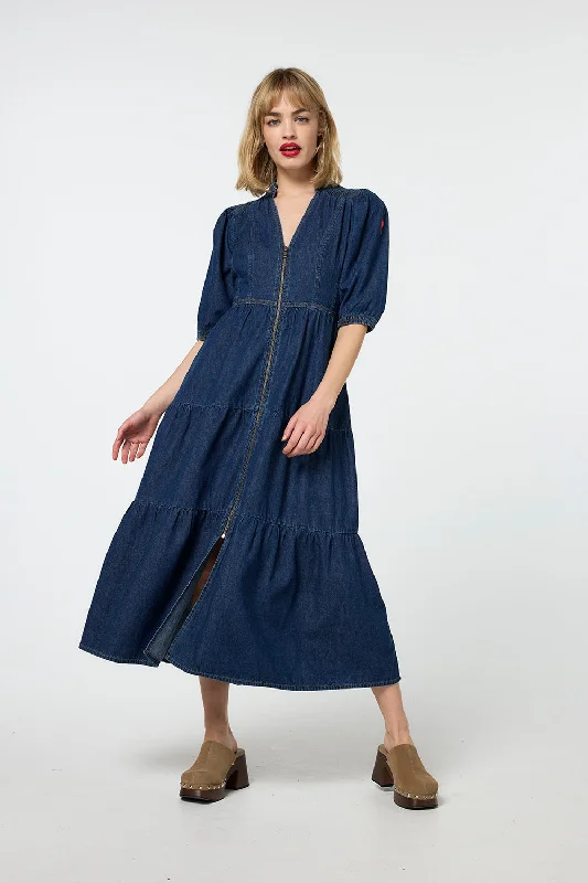 long-sleeve floral dressAuthentic Indigo Zip Detail Tiered Midi Denim Dress