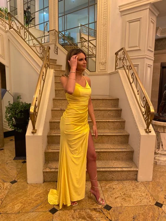 wool dressYellow Satin Sheath Long Prom Dress with Slit,DP1202