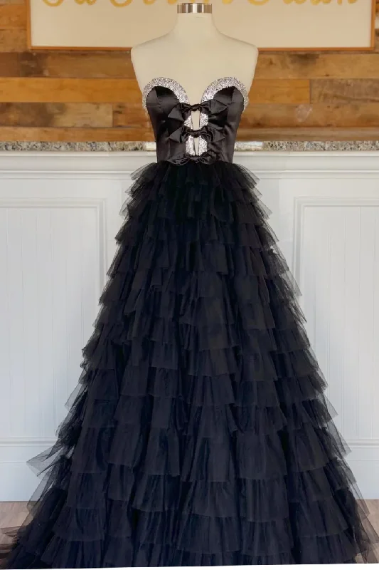 trendy dressBlack Sweetheart A-Line Tulle Tiered Beading Long Party Dress Evening Gown,DP1266