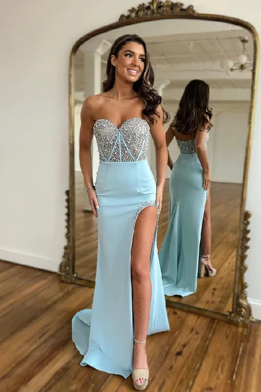 layered dressLight Blue Sweetheart Mermaid Long Prom Dress with Beading,DP1609