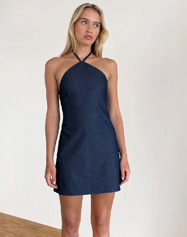 knit dressBelinda Halterneck Mini Dress in Denim Chambray Indigo