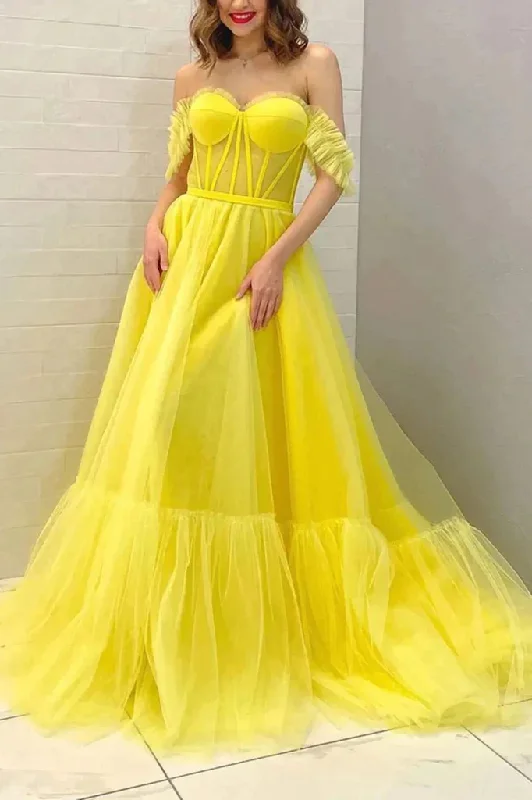 luxury dressYellow Off Shoulder A-Line Tulle Long Prom Dress Evening Dress,DP1427