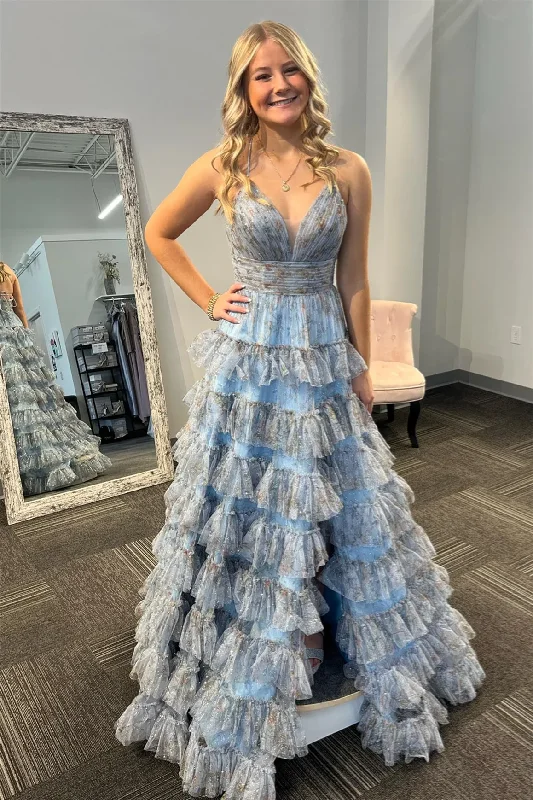 casual midi dressLight Blue V Neck A-line Tulle Layers Long Prom Dress with Slit,DP1161