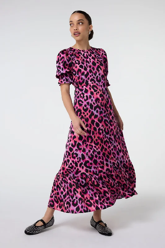 knit dressPink and Lilac with Black Shadow Leopard Flute Sleeve Midi Dress