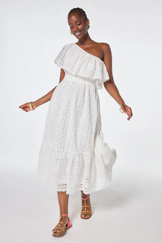 trendy wrap dressWhite One Shoulder Broderie Tiered Midi Dress