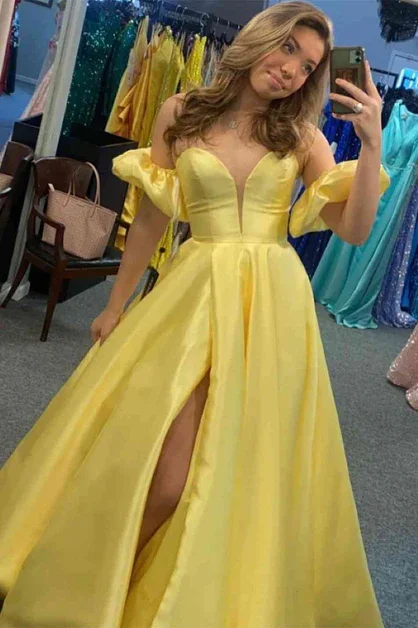 modern dressYellow Sweetheart A-Line Satin Long Prom Dress with Slit,DP1400