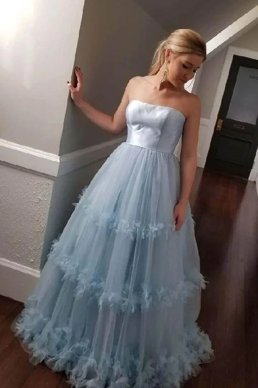 t-shirt dressLight Blue Strapless Tulle A Line Formal Gown Long prom Dress,DP1545