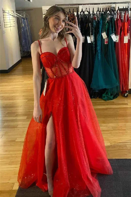 wrap-around dressGlitter Red Straps Beaded A-Line Formal Party Dress with Slit,DP1325