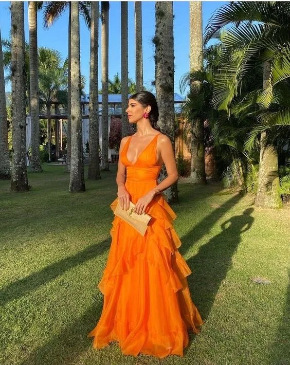 sophisticated dressOrange V Neck A-Line Tulle Long Prom Dress,DP1190