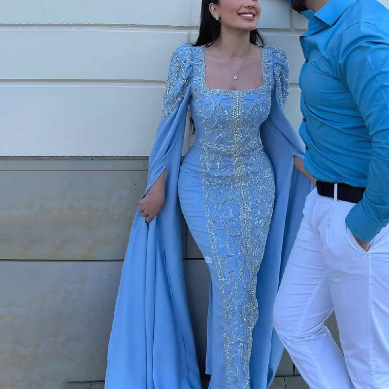 elegant shift dressLuxury Blue Mermaid Muslim Evening Dresses with Cape Sleeves Engagement Party Gowns,DP1093