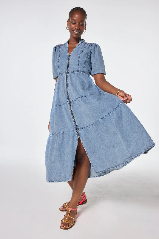 summer floral dressPale Indigo Zip Detail Tiered Midi Denim Dress