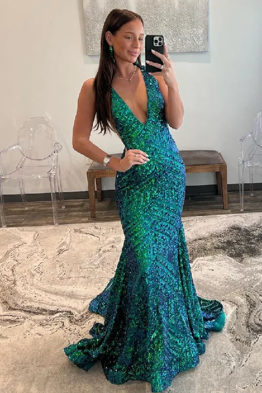 summer floral dressGreen Sequins V Neck Mermaid Long Prom Dress Formal Party Dress,DP1326