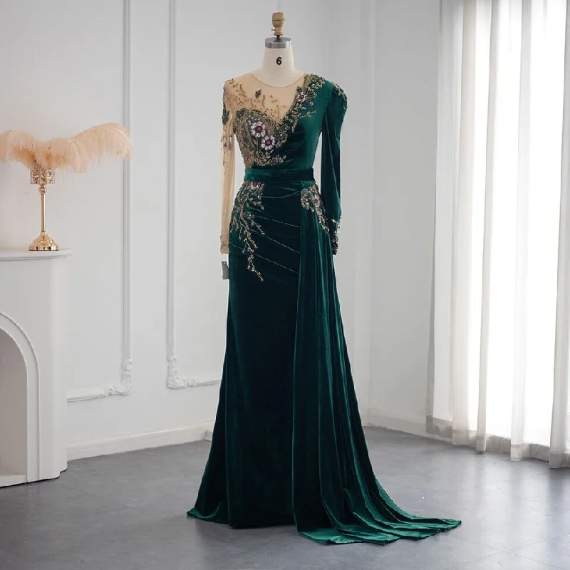 formal dressDark Green Long Sleeves Jewel Mermaid Evening Dresses Prom Gowns With Ruffles,DP1116