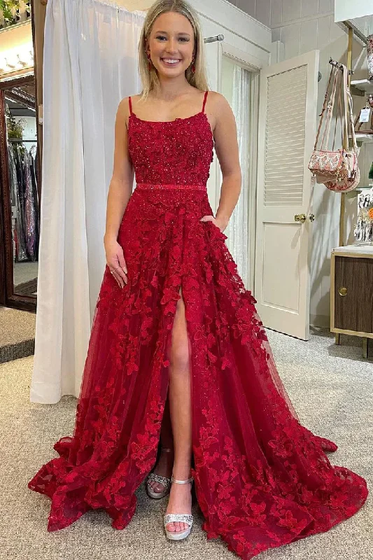 layered dressRed A-Line Spaghetti Straps Scoop Neck Sequins Lace Long Prom Dress,DP1349