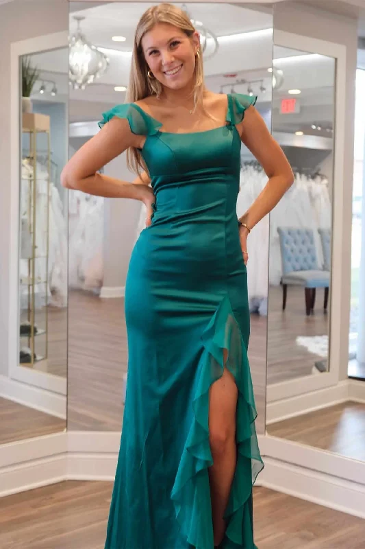 romantic dressEmerald Green Square Neck Ruffle Slit Mermaid Long Prom Dress,DP1550