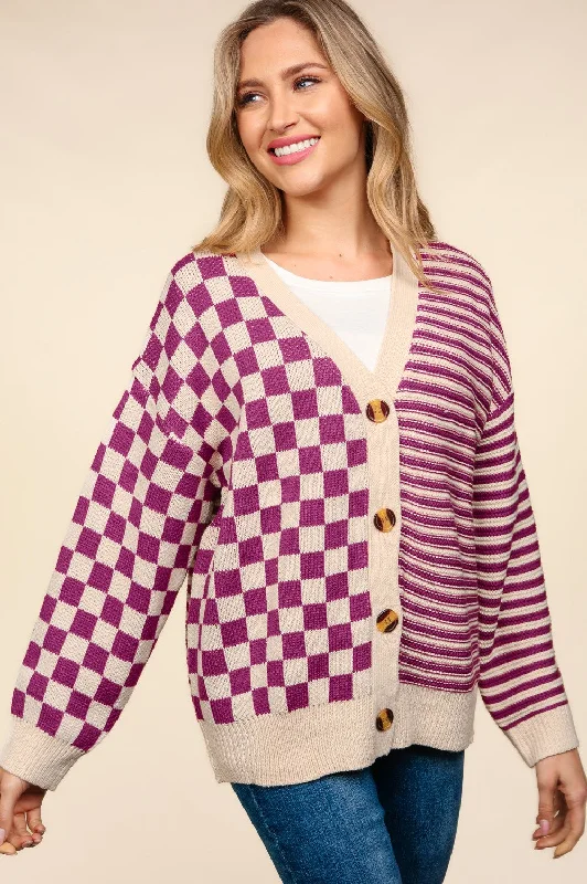 contemporary coatPLUS BUTTON DOWN CHECKER STRIPE SWEATER CARDIGAN