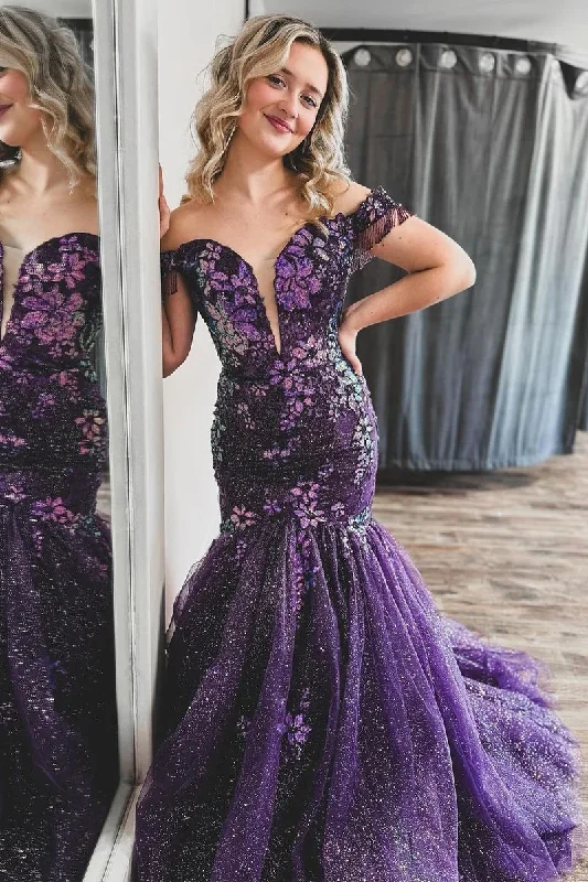 floral wrap dressPurple Off the Shoulder Sequined Appliques Mermaid Long Prom Dress,DP1223