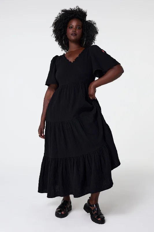 chic dressBlack Flute Sleeve Tiered Midi Dress