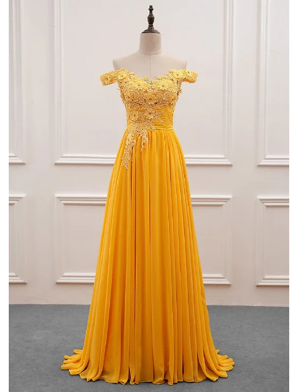 off-the-shoulder dressYellow Off Shoulder A-Line Appliques Long Prom Dress Formal Party Dress,DP1461