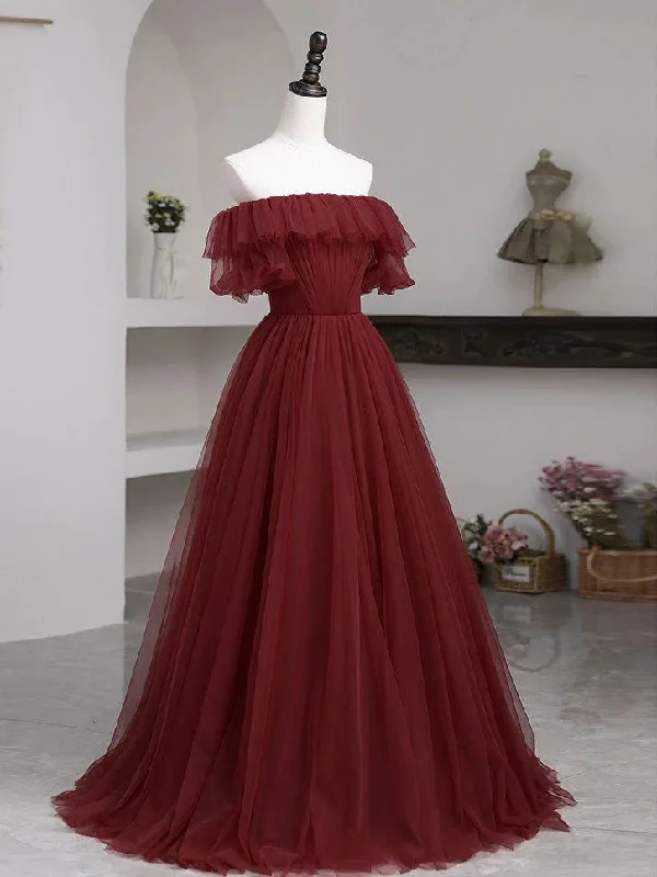 sleeveless dressBurgundy A-Line Off Shoulder Tulle Formal Prom Dress Evening Gown,DP1076